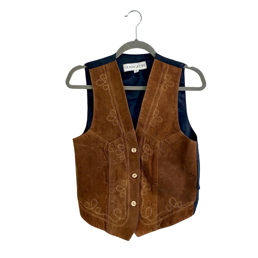 Voyageur Vintage Brown Leather Embroidered Vest Small Tie Back Western Boho